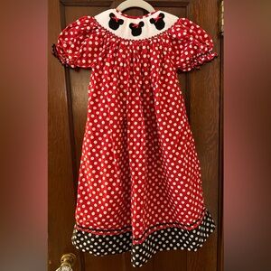 Girls Red and Black Polka Dot Hand Smocked Bishop Dress